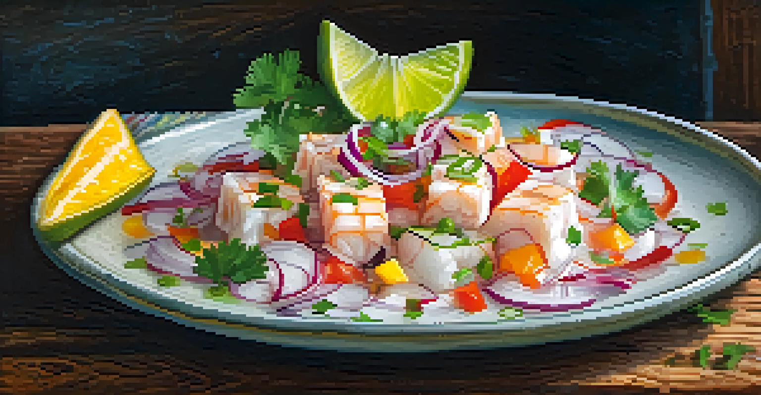 A plated dish of Peruvian ceviche with citrus-marinated fish and colorful garnishes on a rustic wooden table.