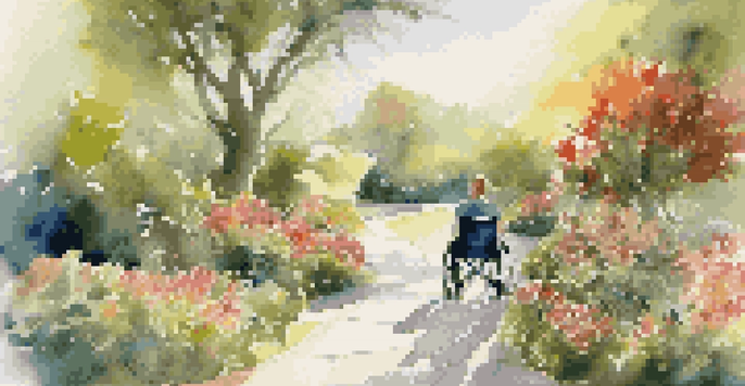 A person in a lightweight wheelchair enjoying a sunny day in a garden filled with colorful flowers and greenery.