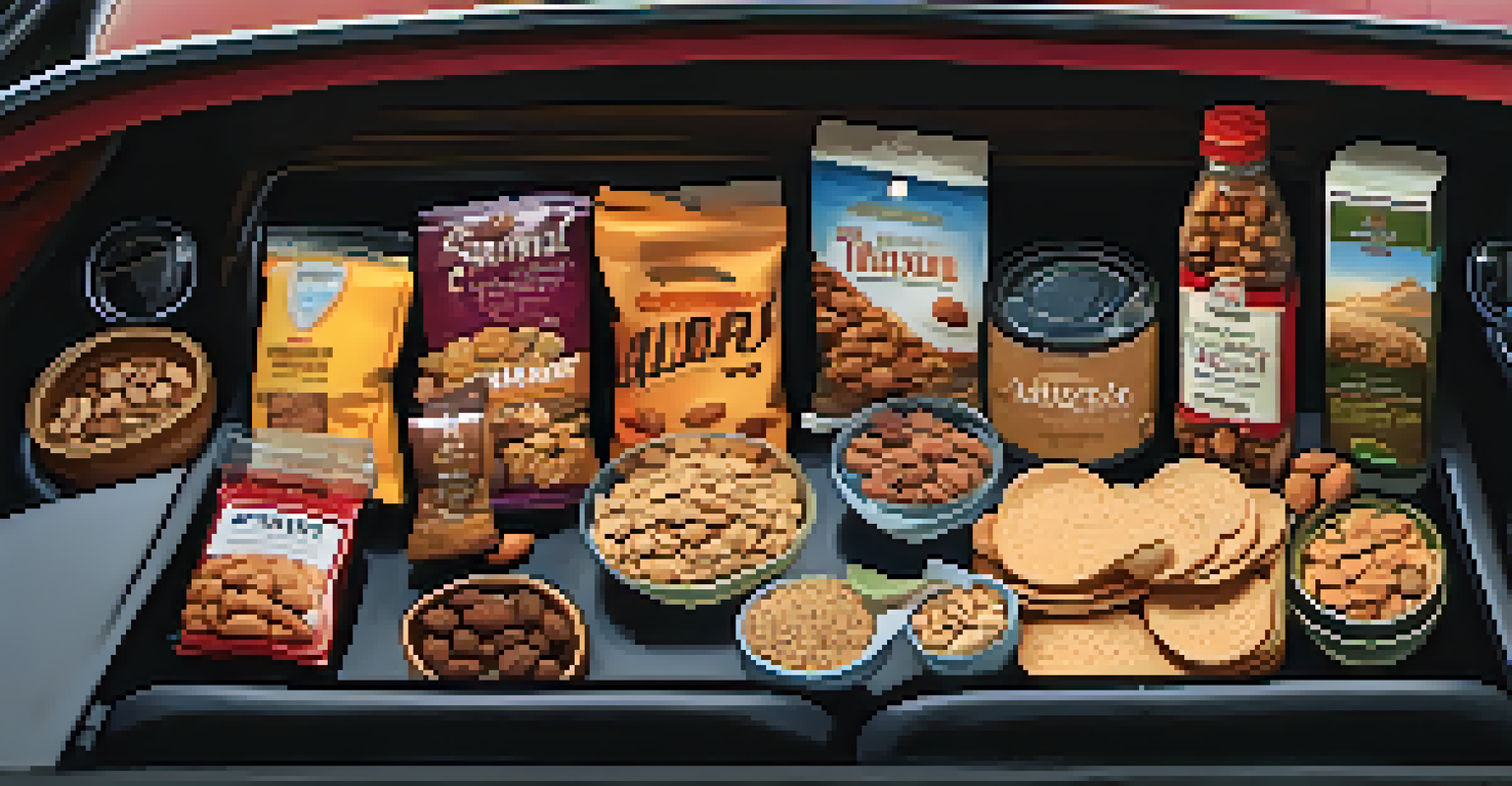A variety of non-perishable snacks displayed in a modern car's center console, creating a cozy road trip atmosphere.
