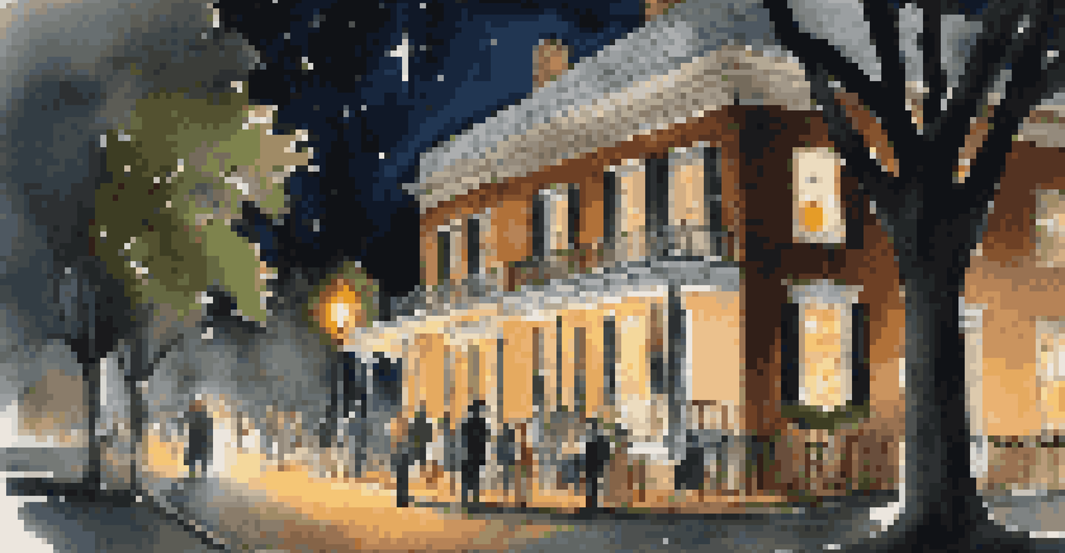 A ghost tour in Savannah at night, featuring tourists listening to a storyteller under lantern light, with historic homes and a starry sky in the background.
