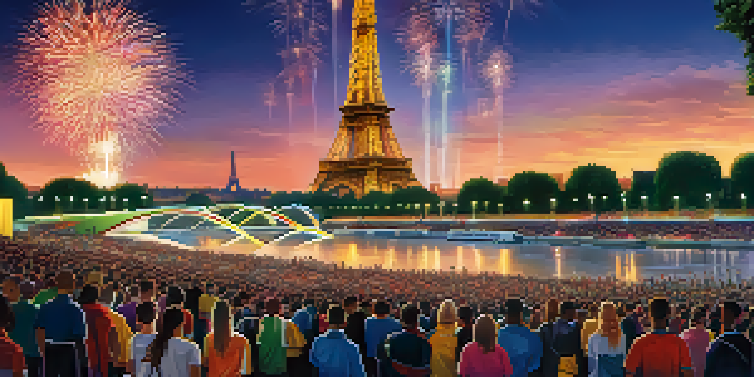 A lively opening ceremony of the Summer Olympics on the Seine River, featuring athletes in colorful uniforms and the Eiffel Tower lit up in the background.