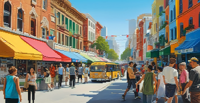 A lively city street scene with a diverse group of people participating in a guided walk, listening to a local guide amidst colorful buildings and street art.