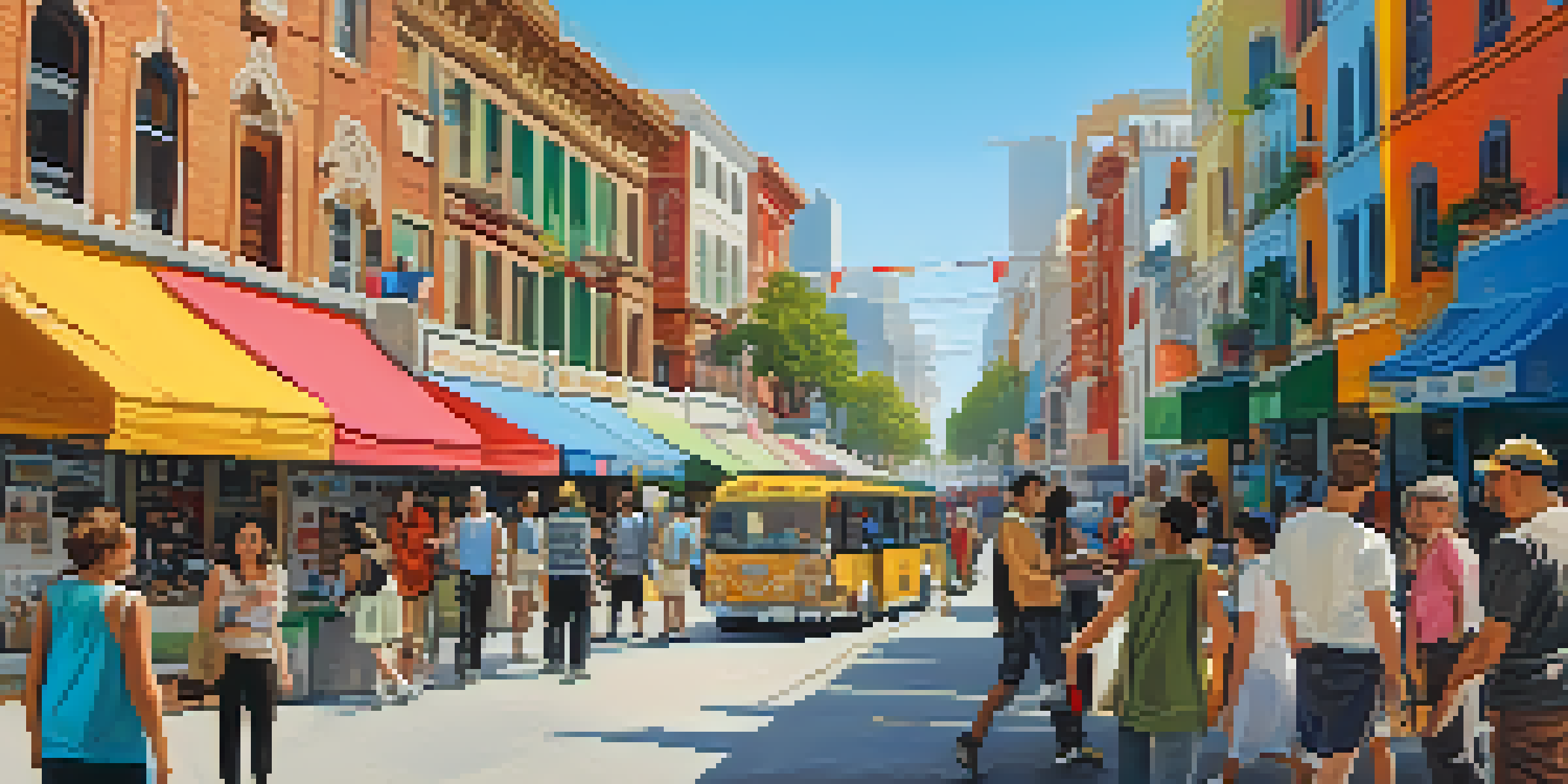 A lively city street scene with a diverse group of people participating in a guided walk, listening to a local guide amidst colorful buildings and street art.
