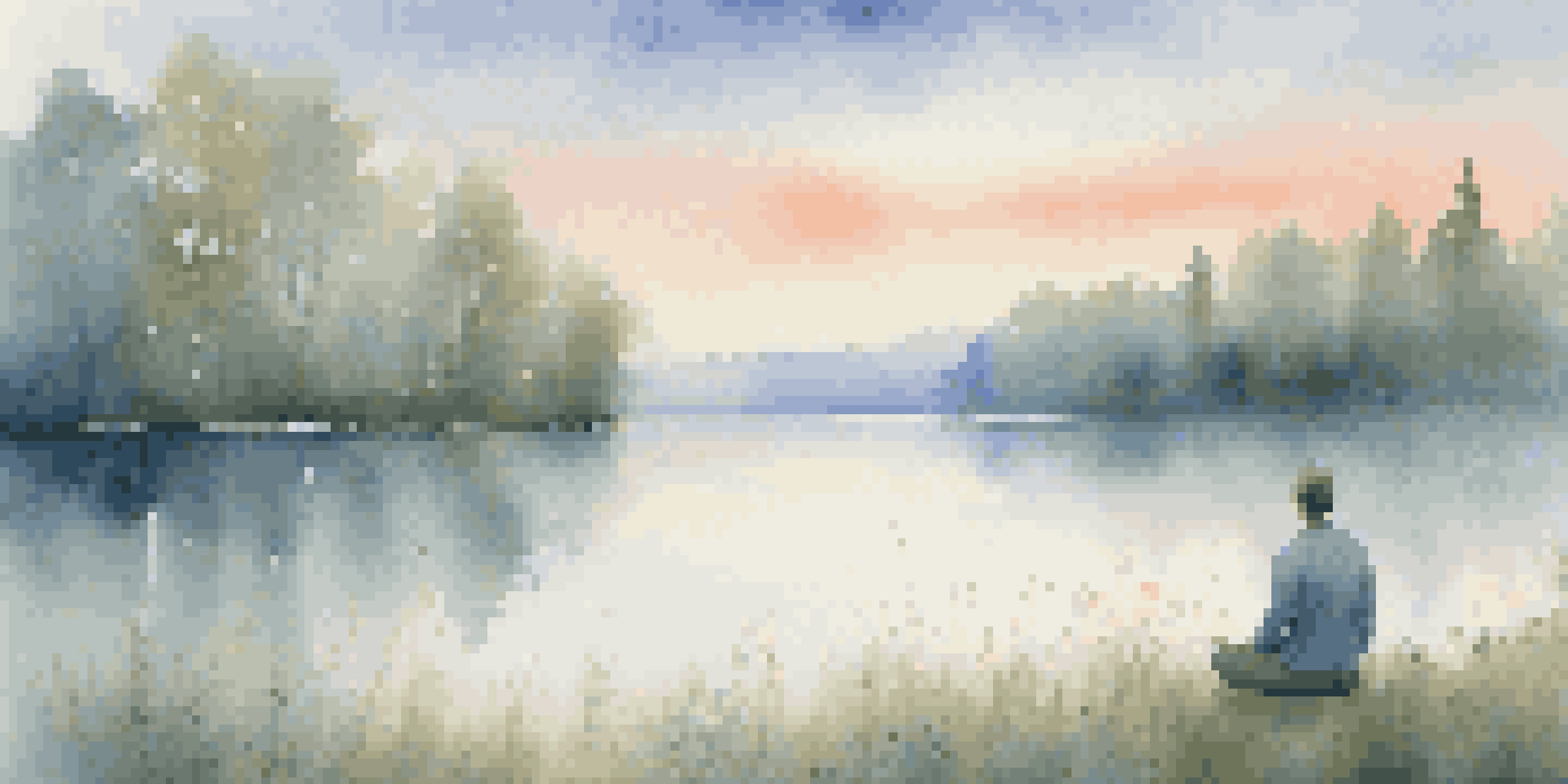 A person meditating by a calm lake at dawn, with mist rising from the water and surrounded by trees and flowers.