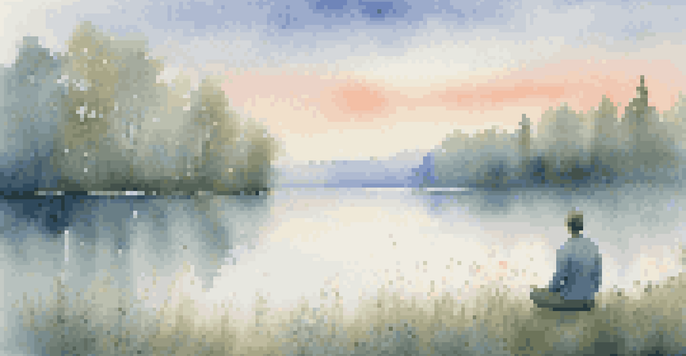 A person meditating by a calm lake at dawn, with mist rising from the water and surrounded by trees and flowers.