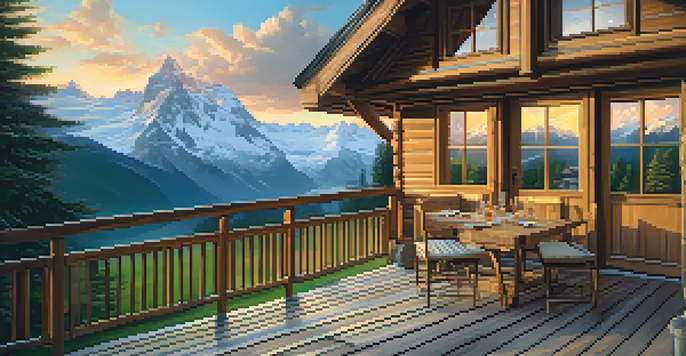 A picturesque wooden chalet in the Swiss Alps at sunset, with a steaming cup of hot chocolate on the balcony and snow-capped mountains in the background.