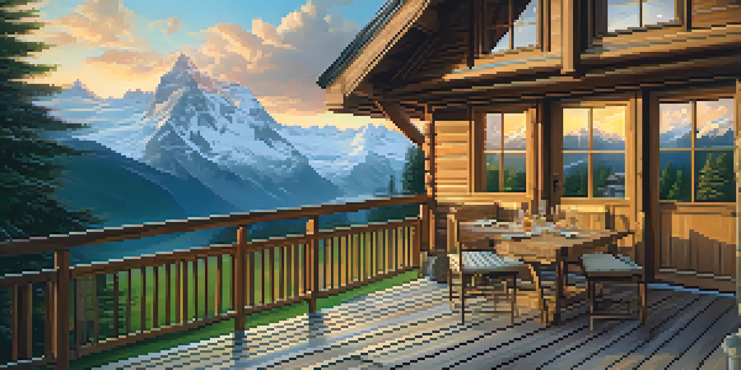 A picturesque wooden chalet in the Swiss Alps at sunset, with a steaming cup of hot chocolate on the balcony and snow-capped mountains in the background.