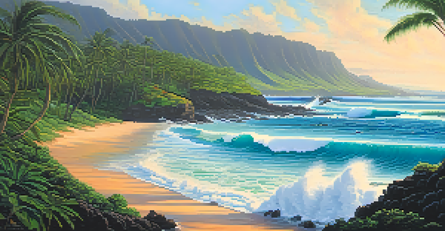 A surfer riding a large wave at North Shore, Hawaii, with a rocky coastline and lush greenery in the foreground.