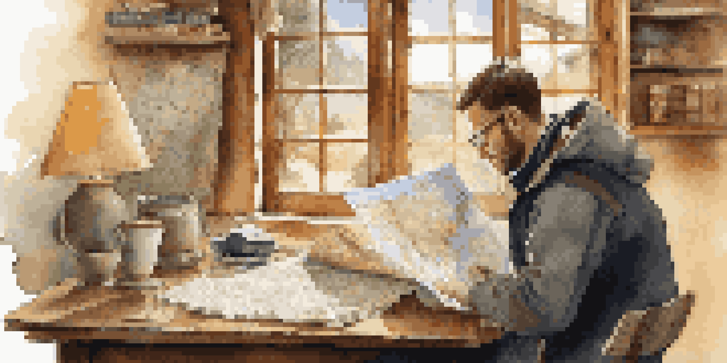 A traveler examining a map and laptop at a table with travel guides and coffee, illuminated by warm natural light.