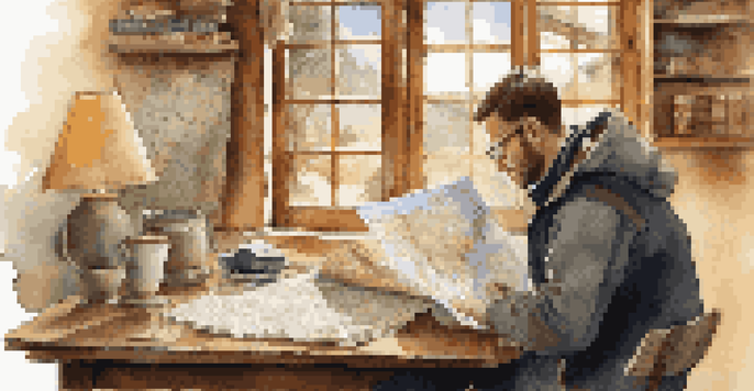 A traveler examining a map and laptop at a table with travel guides and coffee, illuminated by warm natural light.