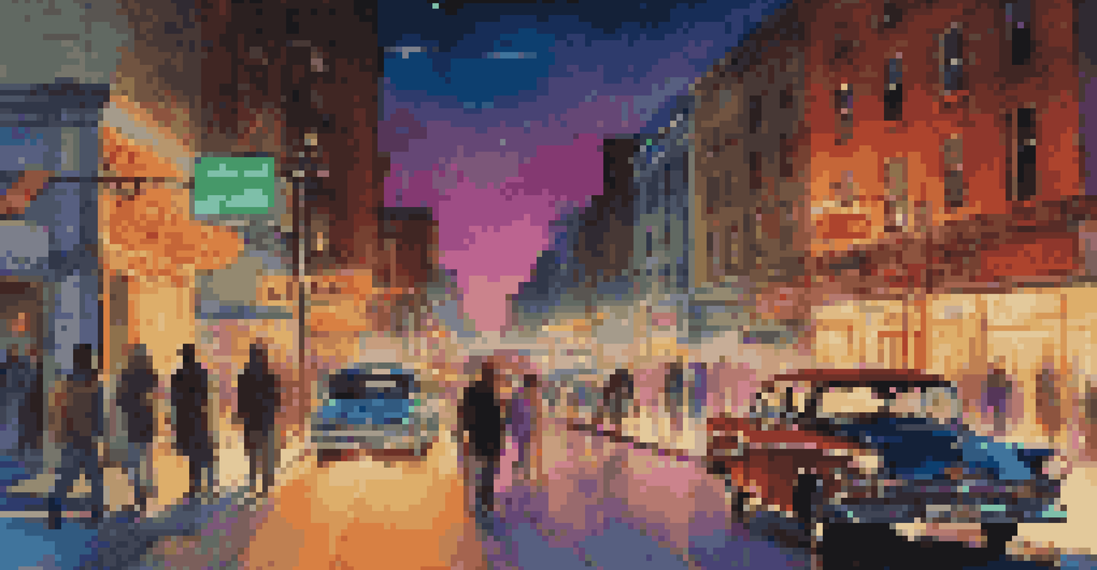 A busy city street at night with neon lights, pedestrians, and a vintage car.