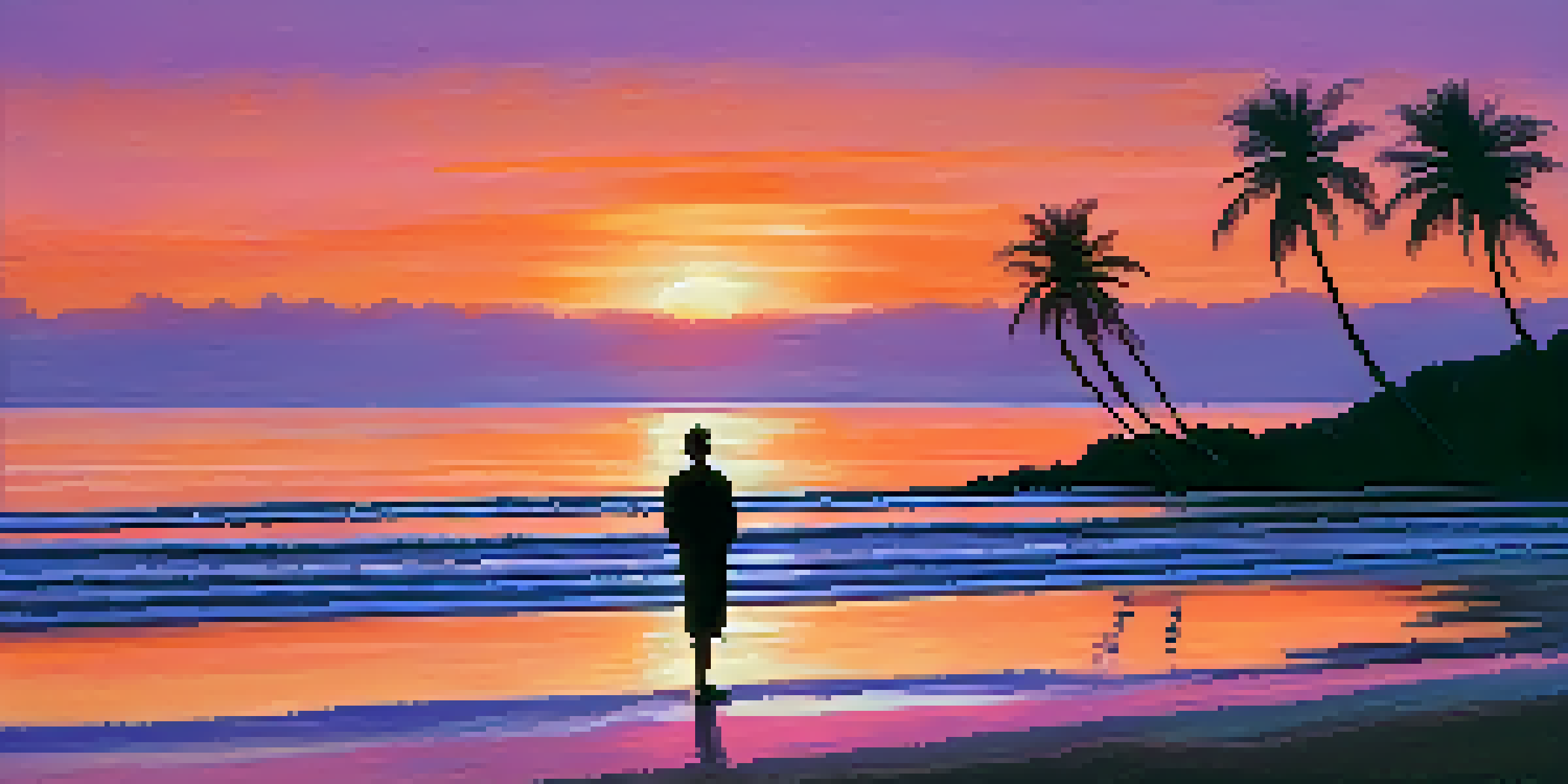 A sunset scene on a beach with palm trees and a person standing in reflection.