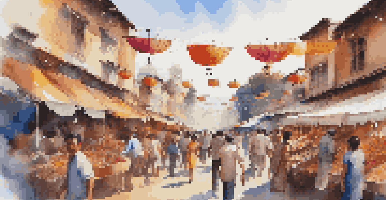Aerial view of a vibrant market during a cultural festival, filled with color and activity.