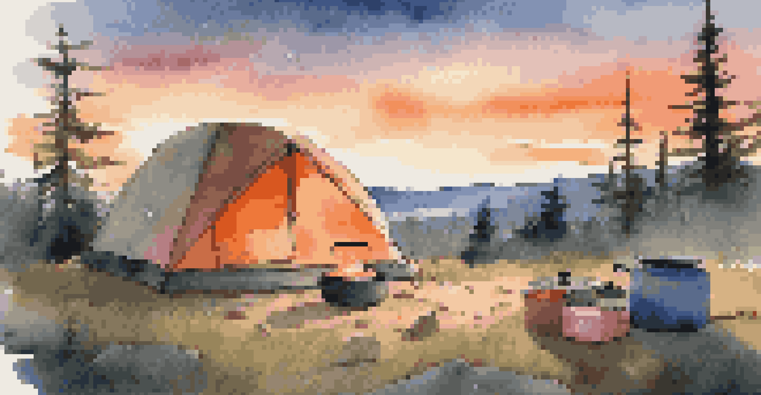 A cozy campsite at sunset with a tent, sleeping bag, and portable stove set up for cooking.