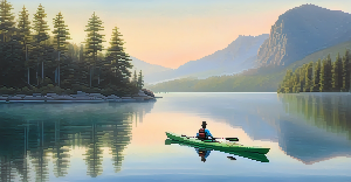 A peaceful kayaking scene at dawn with a calm lake and misty mountains in the background, reflecting the colors of sunrise.