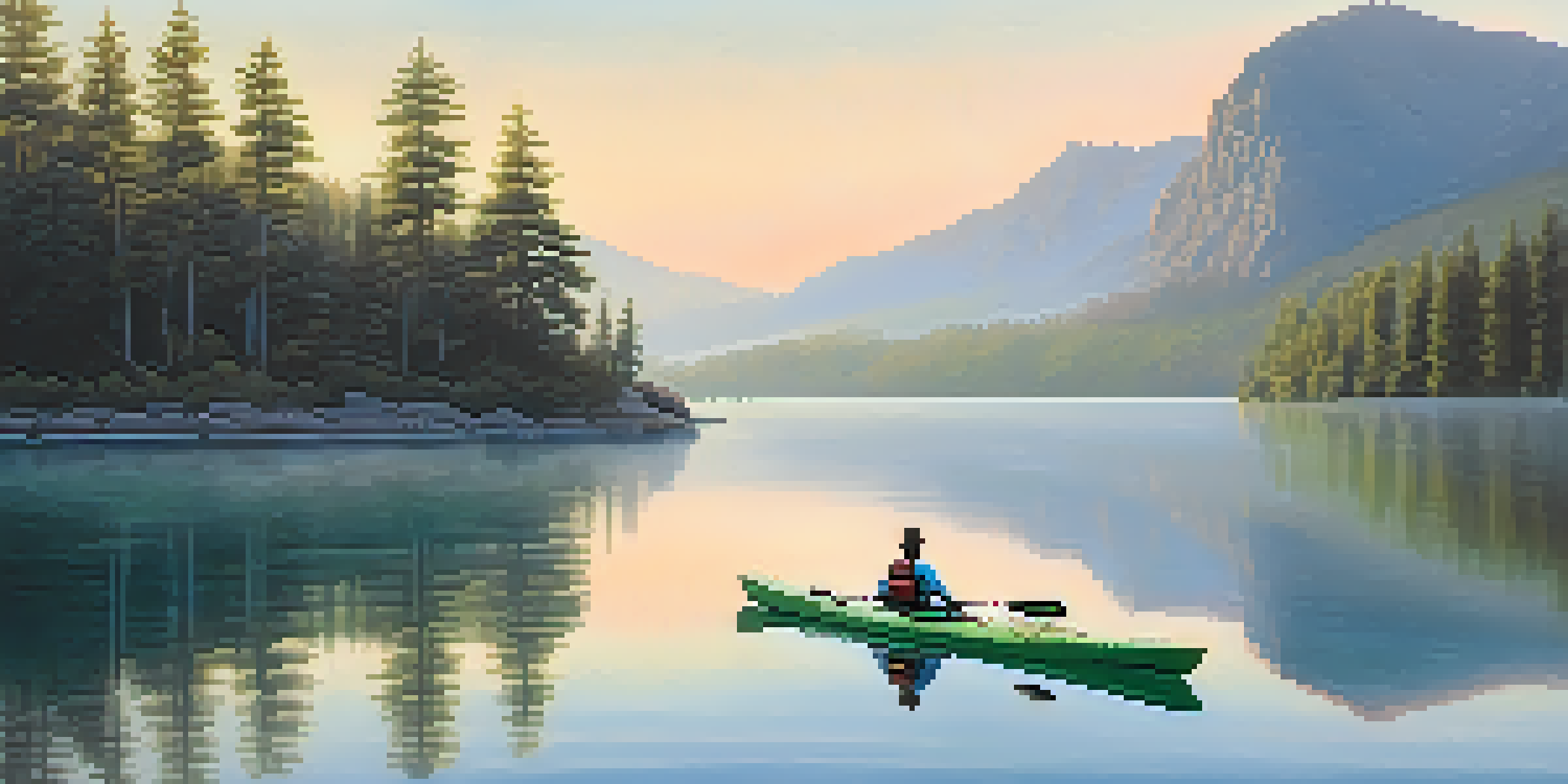 A peaceful kayaking scene at dawn with a calm lake and misty mountains in the background, reflecting the colors of sunrise.