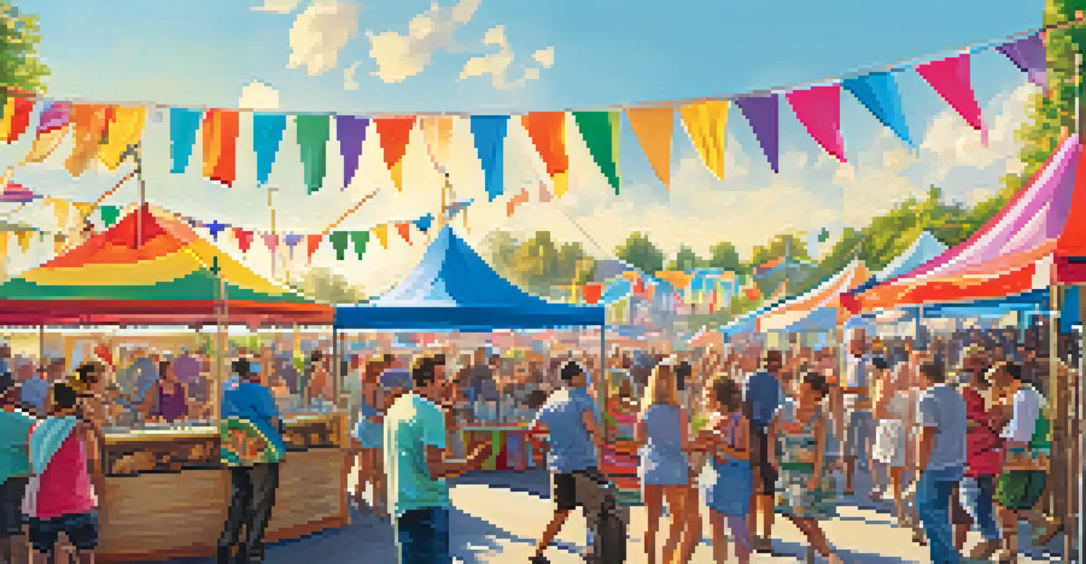 A lively summer festival with people dancing under a blue sky, colorful tents, and a band performing on stage.