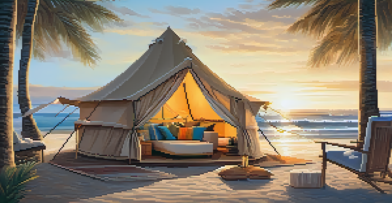 A stylish beach glamping setup featuring a colorful tent and lounge chairs by the ocean, with a sunset in the background.