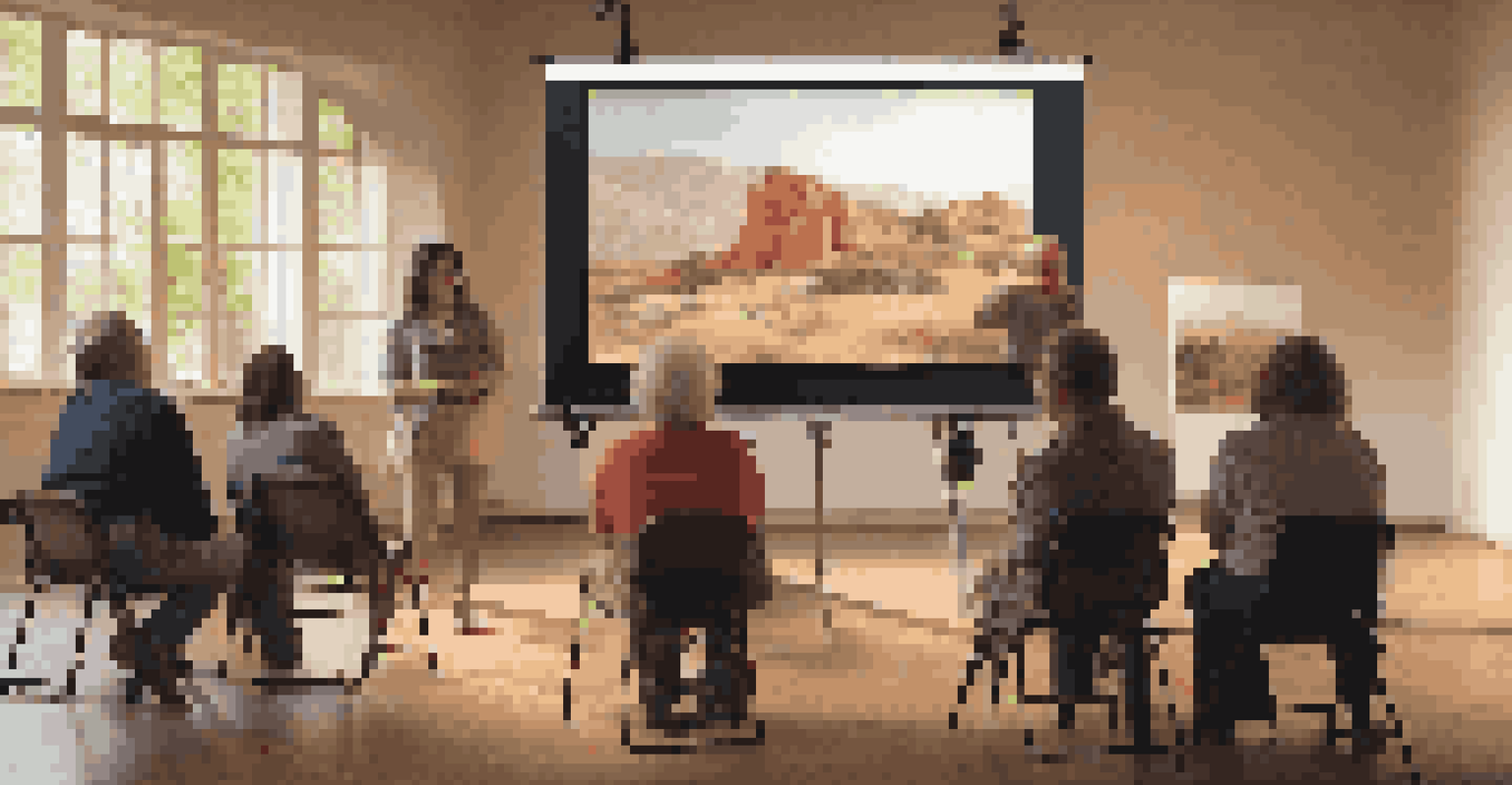 An instructor teaching a photography class with students attentively watching in a warm, inviting classroom.