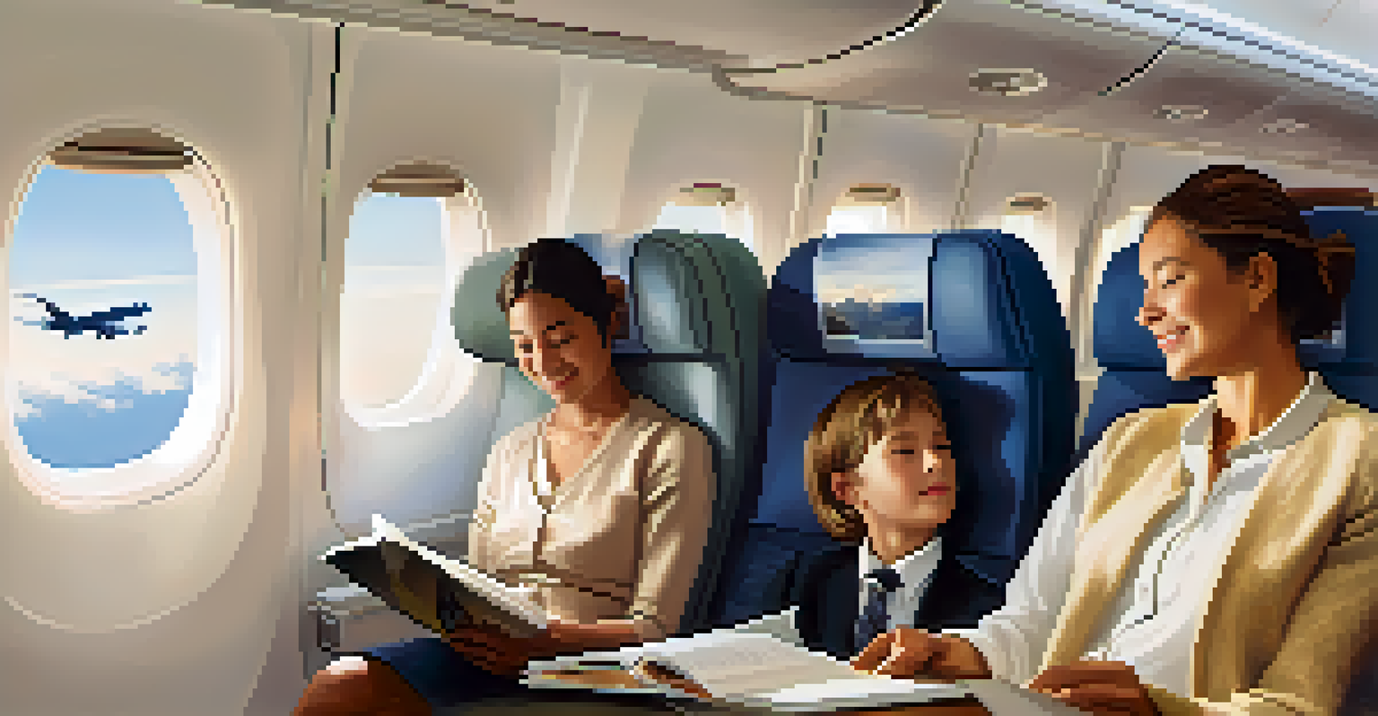 A passenger performing stretches in their airplane seat, surrounded by others enjoying their in-flight activities.