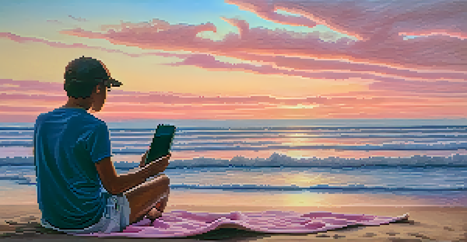 A traveler watching the sunset at the beach, with a smartphone resting on a towel, surrounded by the calming ocean.