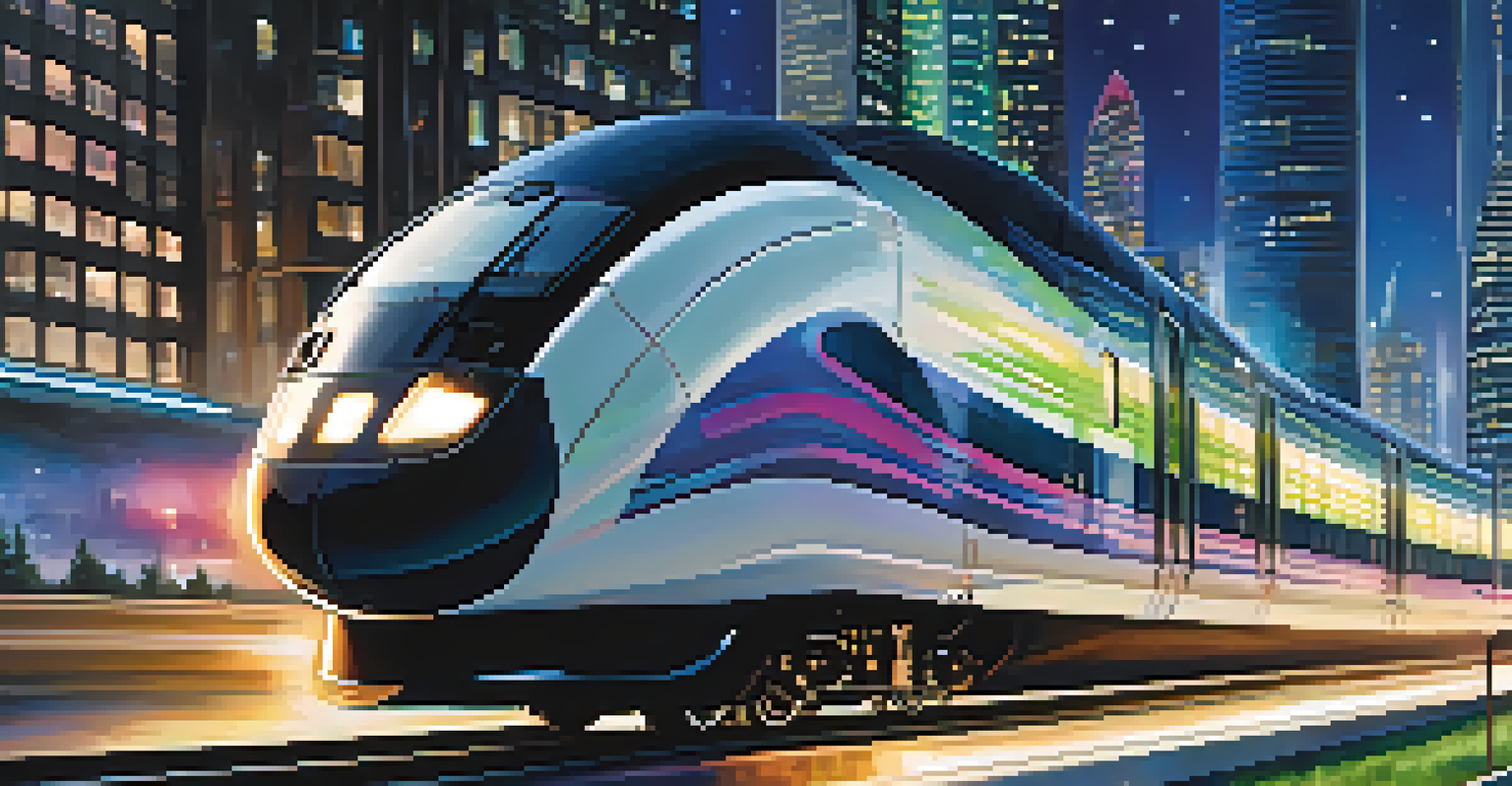 A modern high-speed train moving through a futuristic cityscape at night, illuminated by vibrant city lights and stars in the sky.