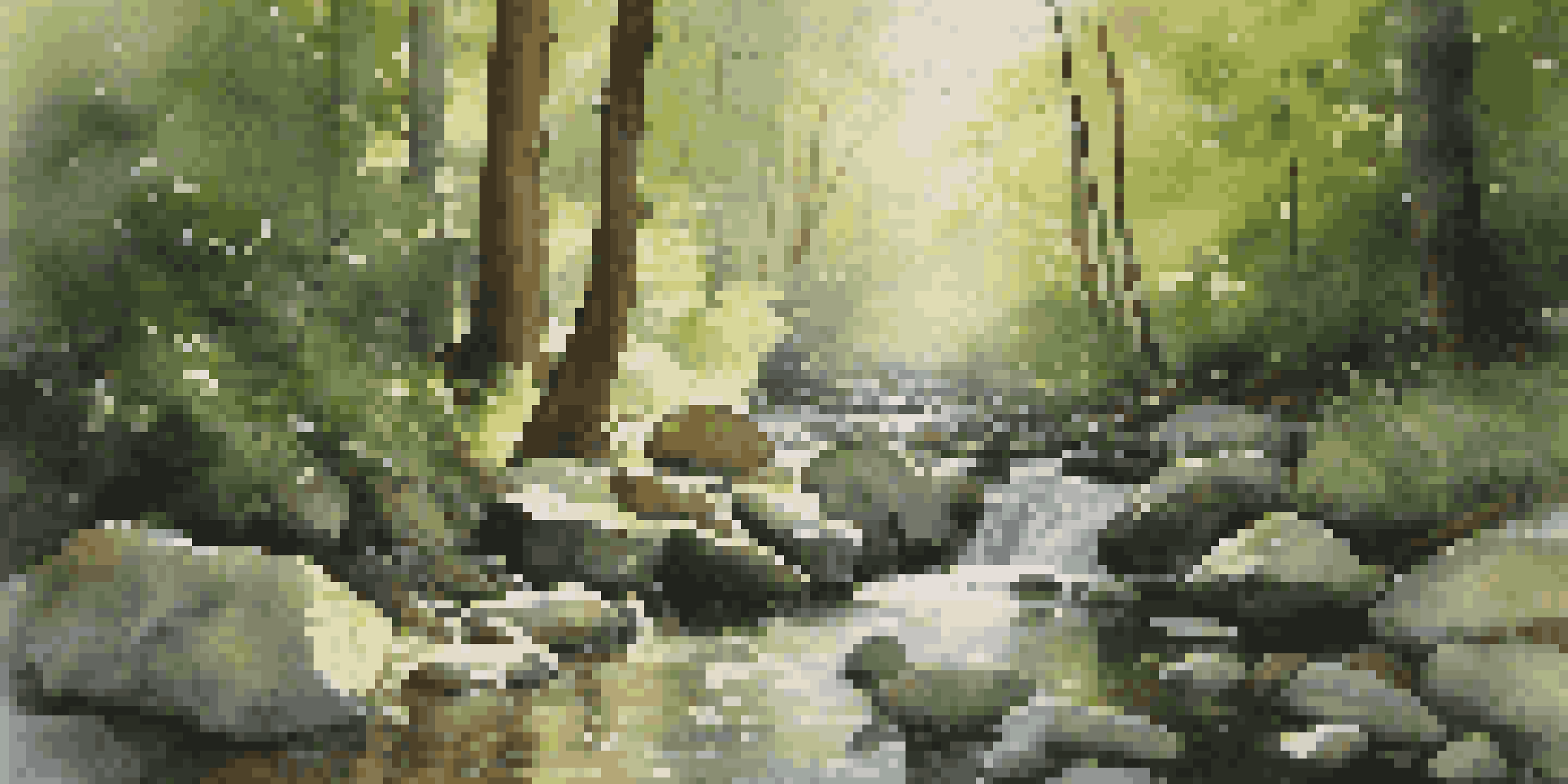 A peaceful forest with sunlight shining through the trees and a gentle stream flowing over stones.