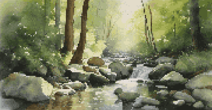 A peaceful forest with sunlight shining through the trees and a gentle stream flowing over stones.
