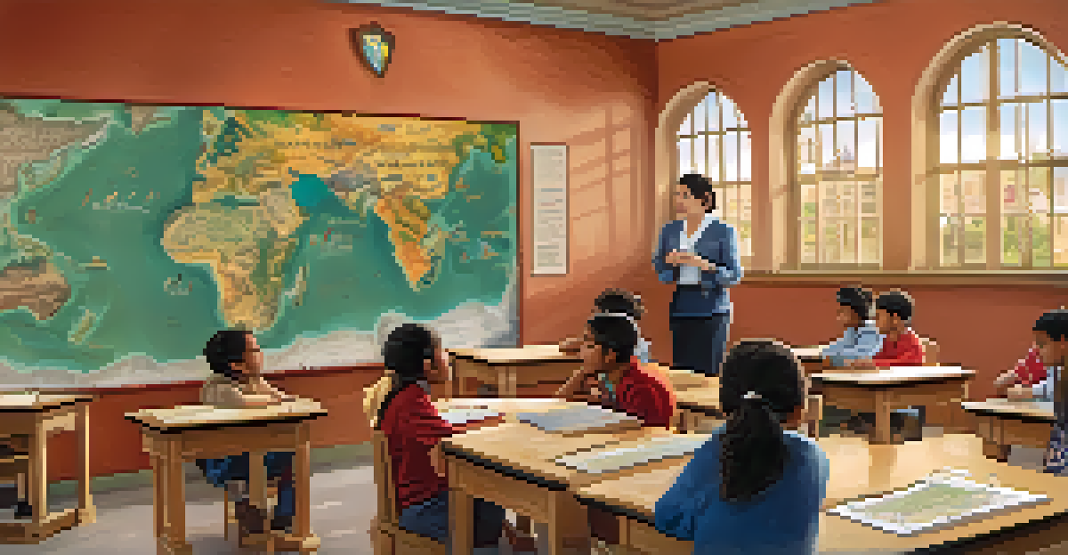 A classroom where children learn about cultural heritage, with maps and images displayed on the walls.