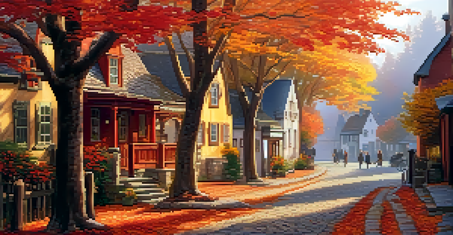 A picturesque village street in autumn with colorful cottages and fall leaves, capturing locals chatting and enjoying a warm sunny day.