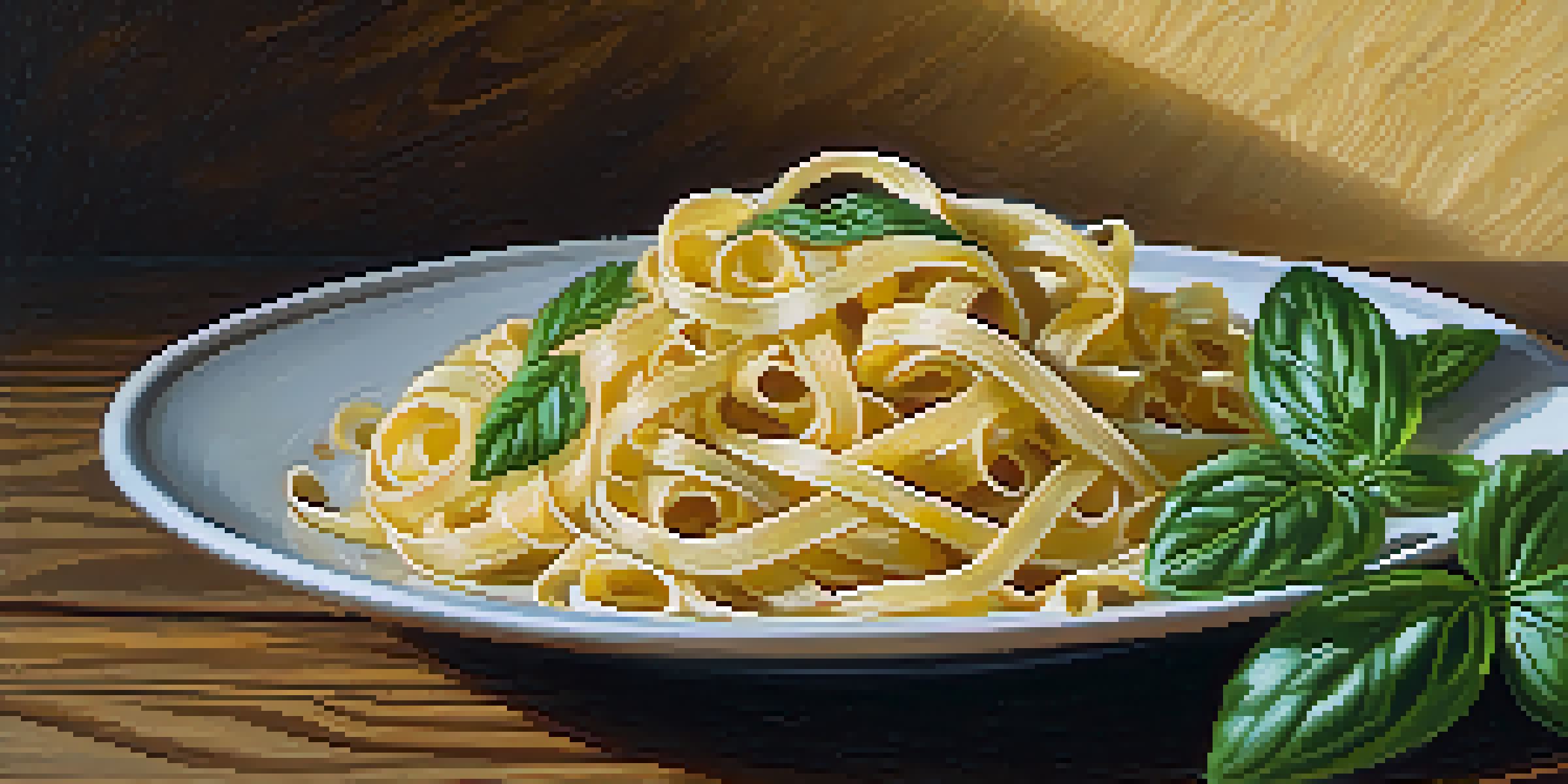 A close-up of twirled fettuccine pasta on a fork, with a basil leaf on a wooden table, bathed in warm light.