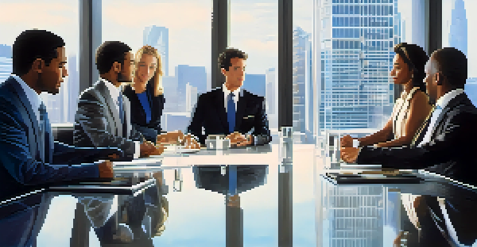 A diverse group of professionals in formal attire engaging in a handshake in a modern conference room with a city skyline in the background.