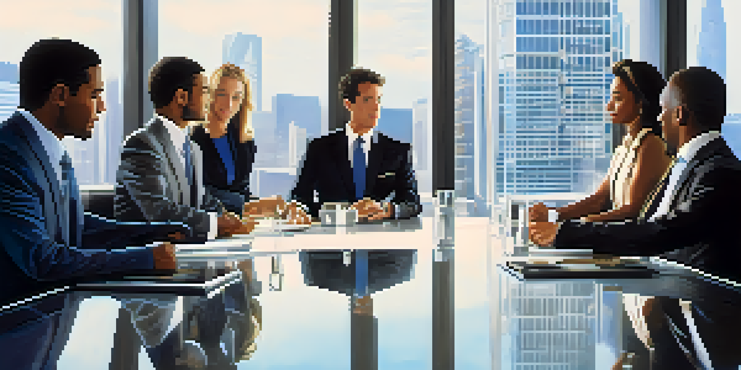 A diverse group of professionals in formal attire engaging in a handshake in a modern conference room with a city skyline in the background.