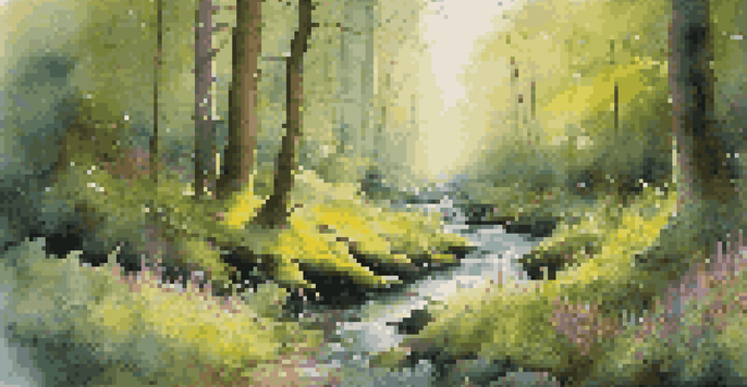 A peaceful forest with sunlight shining through trees, green moss on the ground, blooming wildflowers, and a small stream.
