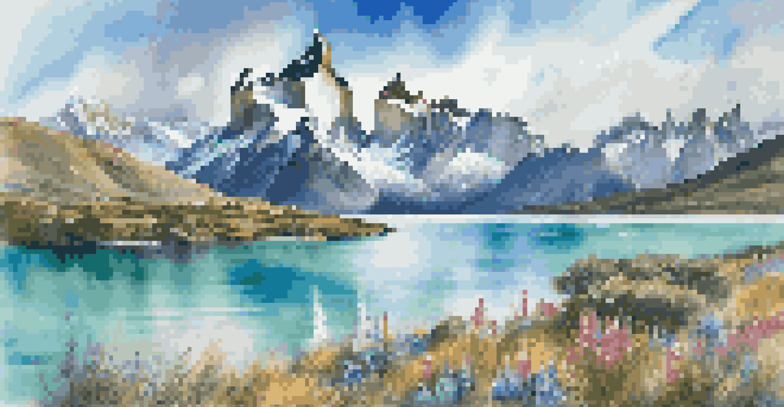 A stunning landscape of Torres del Paine National Park with majestic mountains, turquoise lakes, colorful wildflowers, and soaring condors.