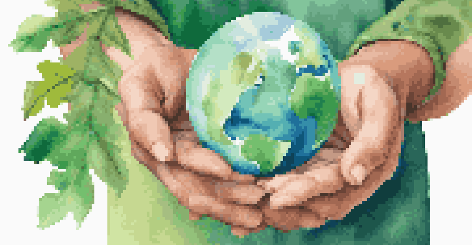 A hand holding a globe surrounded by eco-friendly symbols, representing sustainable travel.