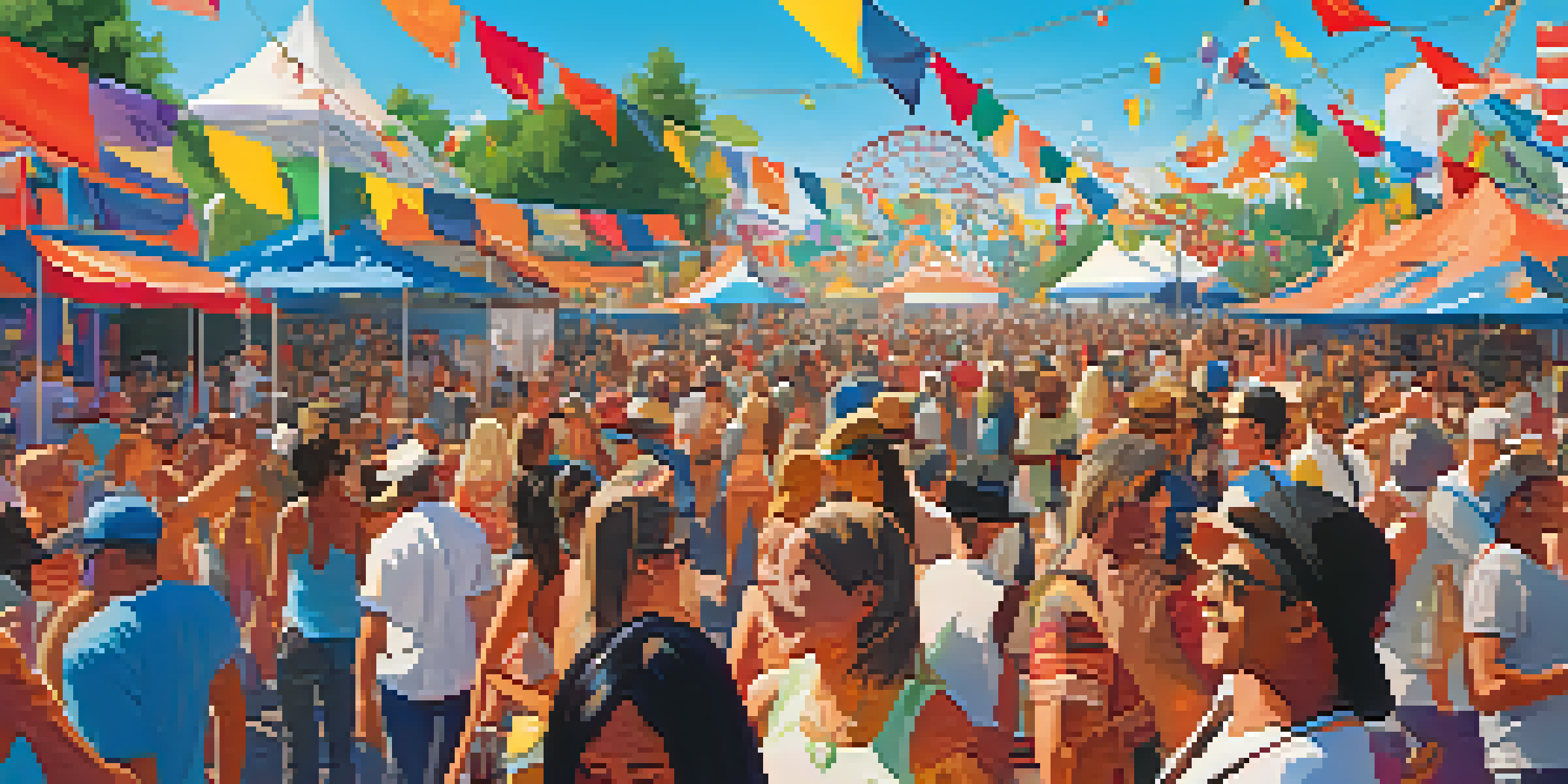 A lively music festival with people dancing and enjoying the atmosphere, colorful decorations, and food stalls.