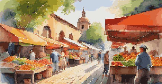 A bustling street market with colorful stalls showcasing fruits and crafts under sunlight, populated by diverse individuals.