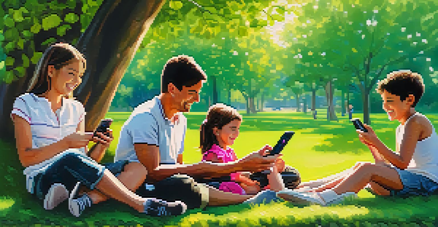 A joyful family in a park, taking photos and enjoying their time together on a sunny day.
