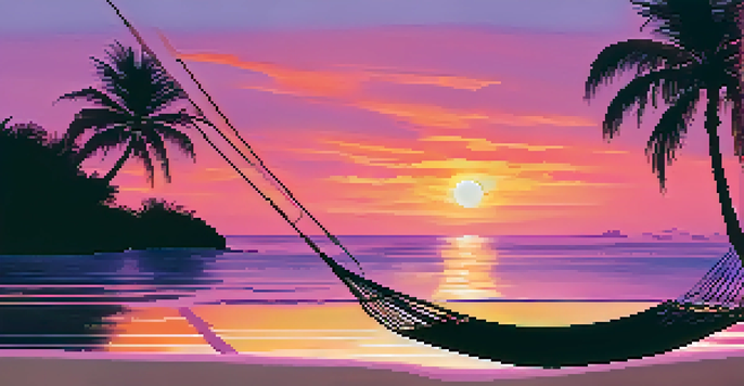 A tranquil beach at sunset with a hammock between palm trees and a colorful sky.