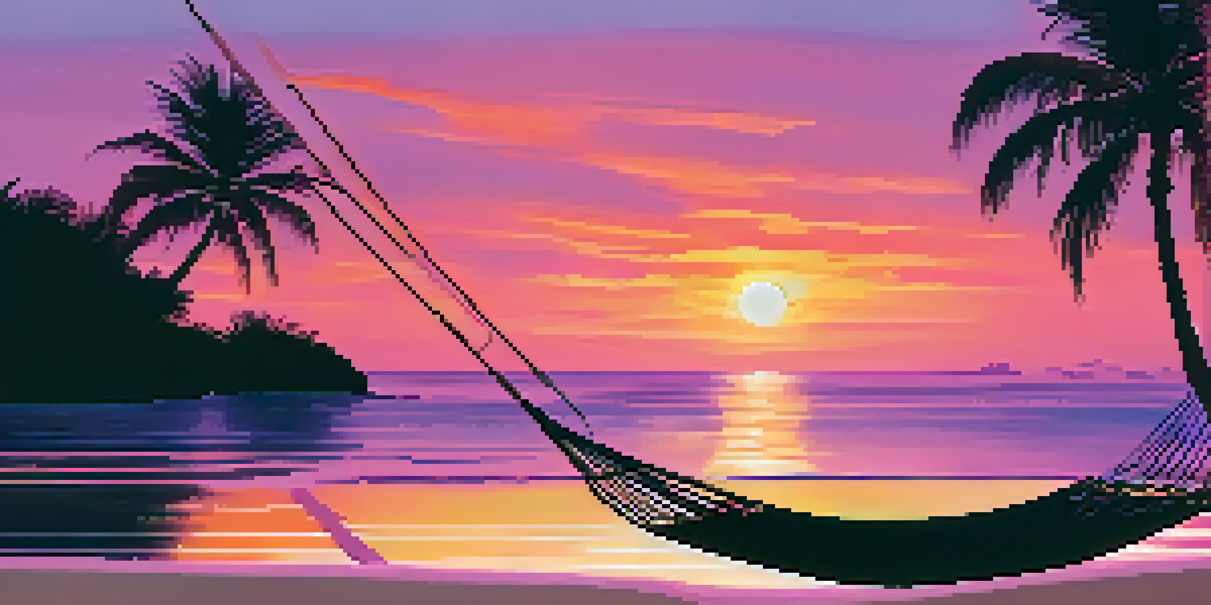 A tranquil beach at sunset with a hammock between palm trees and a colorful sky.