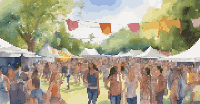 A lively outdoor music festival with teens dancing and enjoying performances under the sun, surrounded by colorful tents and food stalls.