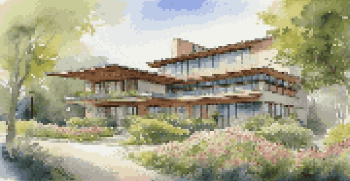 A picturesque eco-friendly hotel surrounded by greenery, with solar panels on the roof and flowers in bloom, illuminated by morning light.