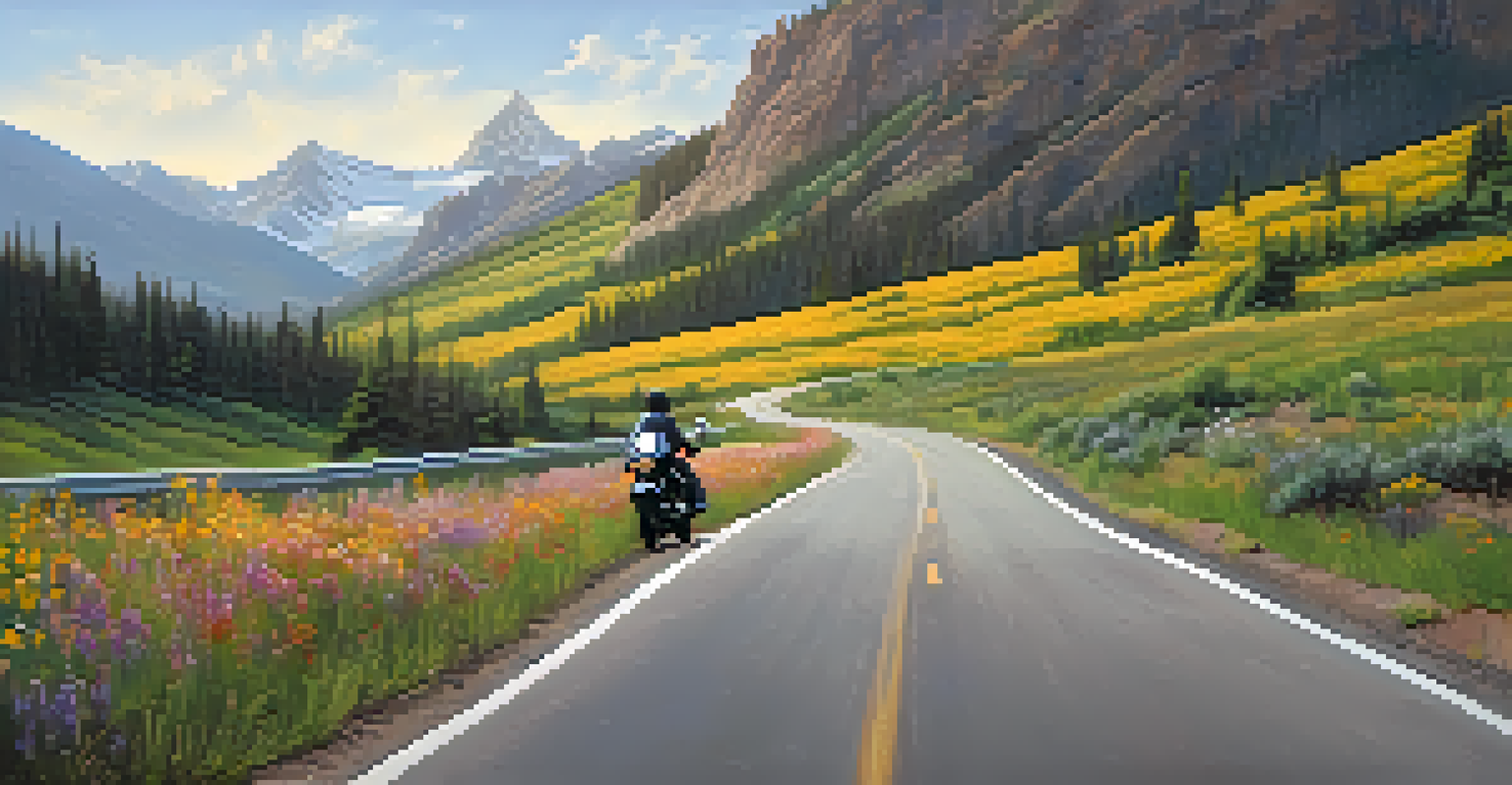 A motorcycle on the Million Dollar Highway in Colorado with mountains in the background.