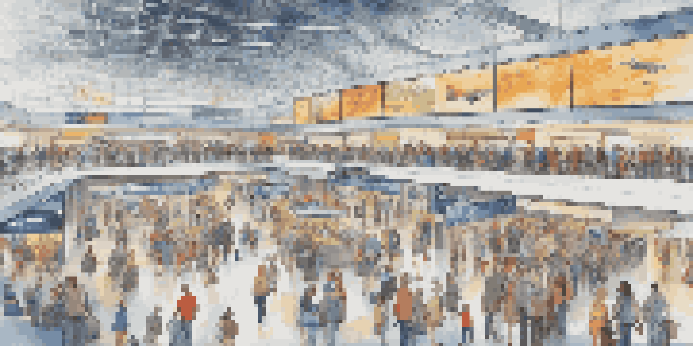 A busy airport terminal with travelers and colorful airport signs directing them to various locations.
