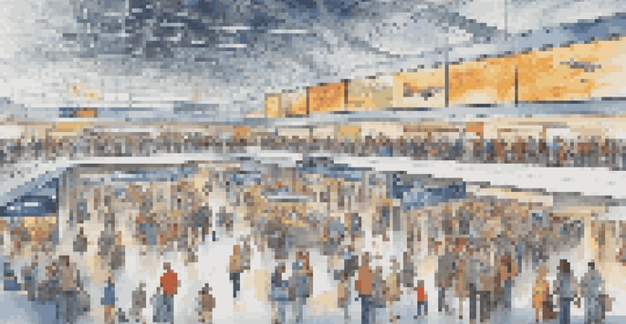 A busy airport terminal with travelers and colorful airport signs directing them to various locations.