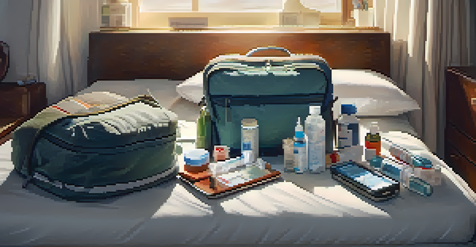 An open travel bag on a bed, showing neatly organized medications and health supplies.