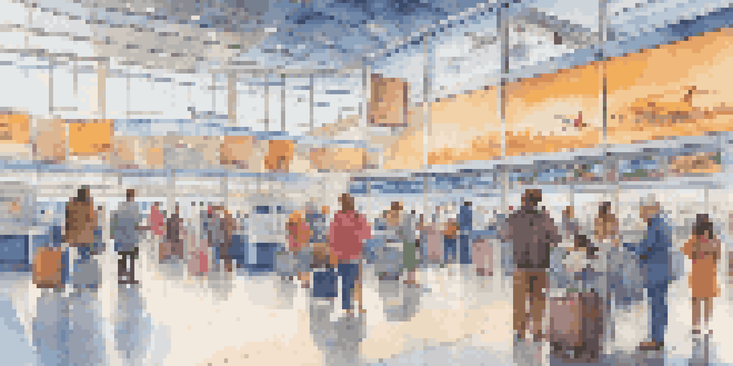 A busy airport terminal with diverse travelers checking vaccination passports at a digital kiosk, bright lights, and airplanes in the background.