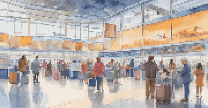 A busy airport terminal with diverse travelers checking vaccination passports at a digital kiosk, bright lights, and airplanes in the background.