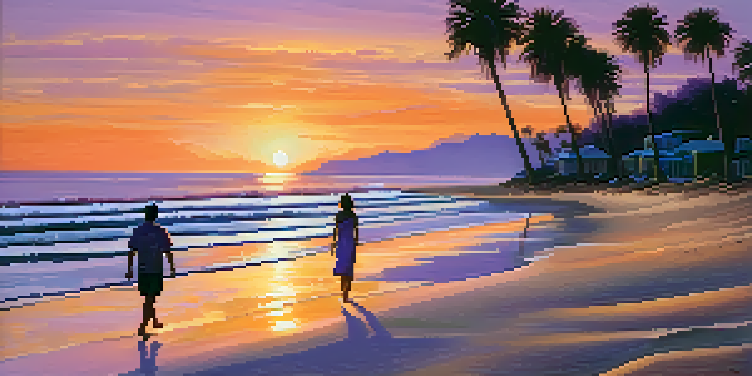 A couple walking on the beach during sunset with colorful skies and palm trees.